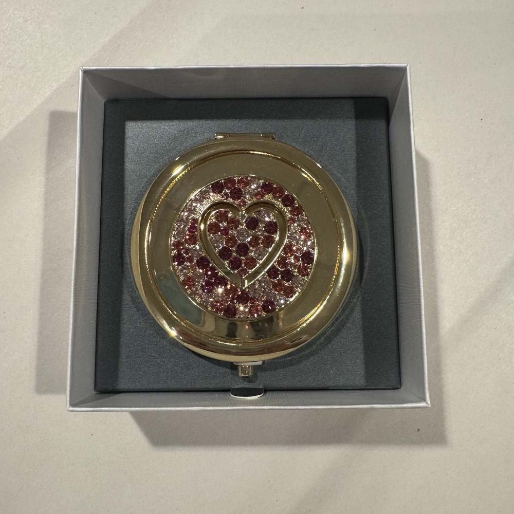 Luxe Gold Compact Mirror Jeweled Pink Heart Makeup Travel ~ In Original Box